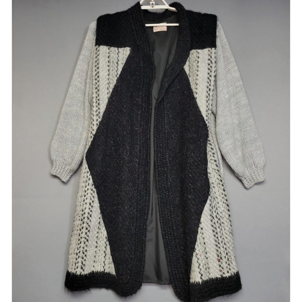 Vintage Sinfully Original Sweater Womens Black Gray Lined Long Open Front Duster